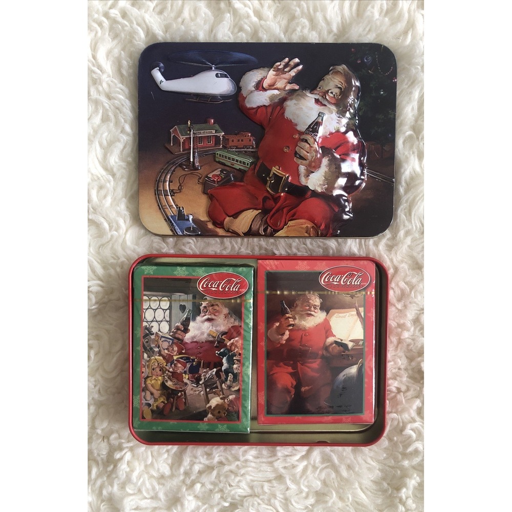 2 COCA COLA (sealed) PLAYING CARDS IN A 3D TIN WITH PICTURES OF SANTA New